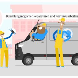 Animierter Erklärfilm für Mercedes Van Uptime - Mitarbeiter freuen sich. (Animierte Figuren)