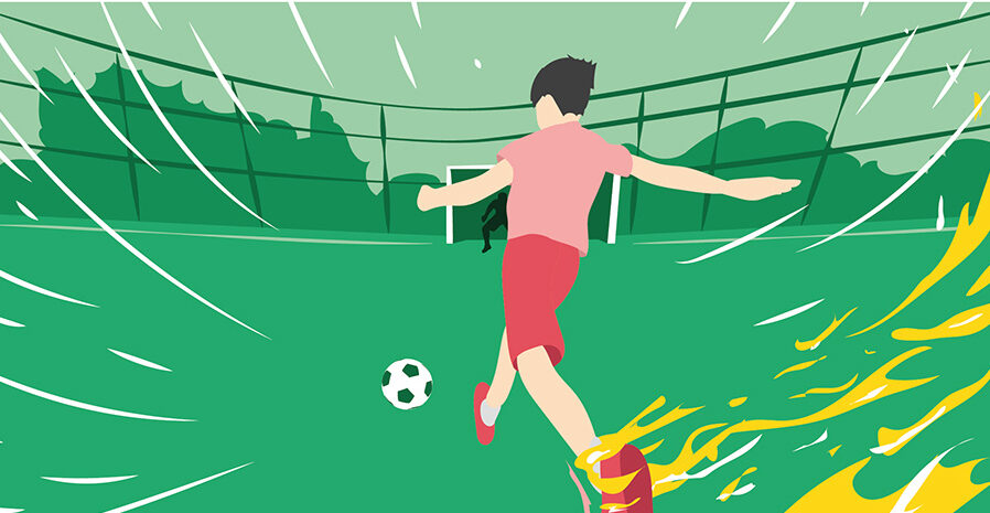 Illustrierter Fußballer vor abstrakter Stadionkulisse - erster Stilansatz der EWE Sponsoring-Clips.