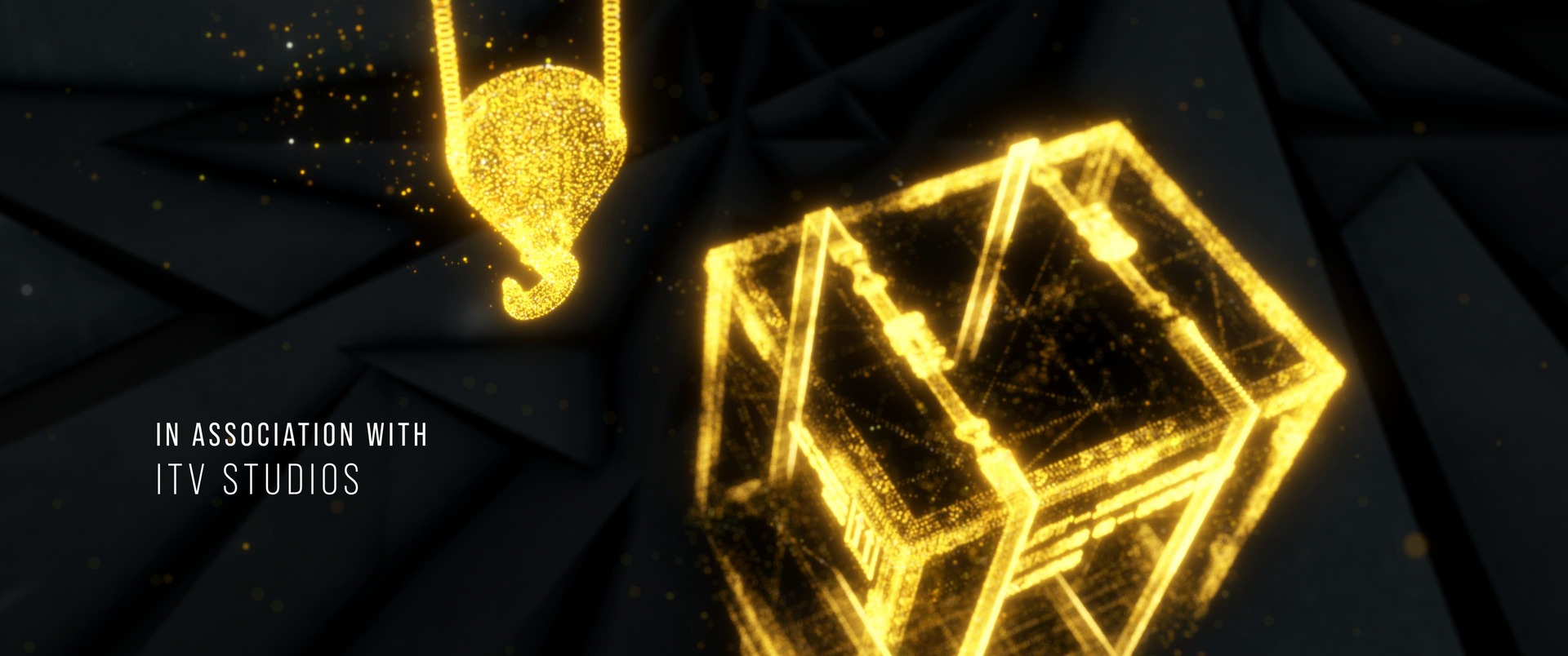 Eine schwebende geometrische Form aus goldenen Partikeln in Folge 4.