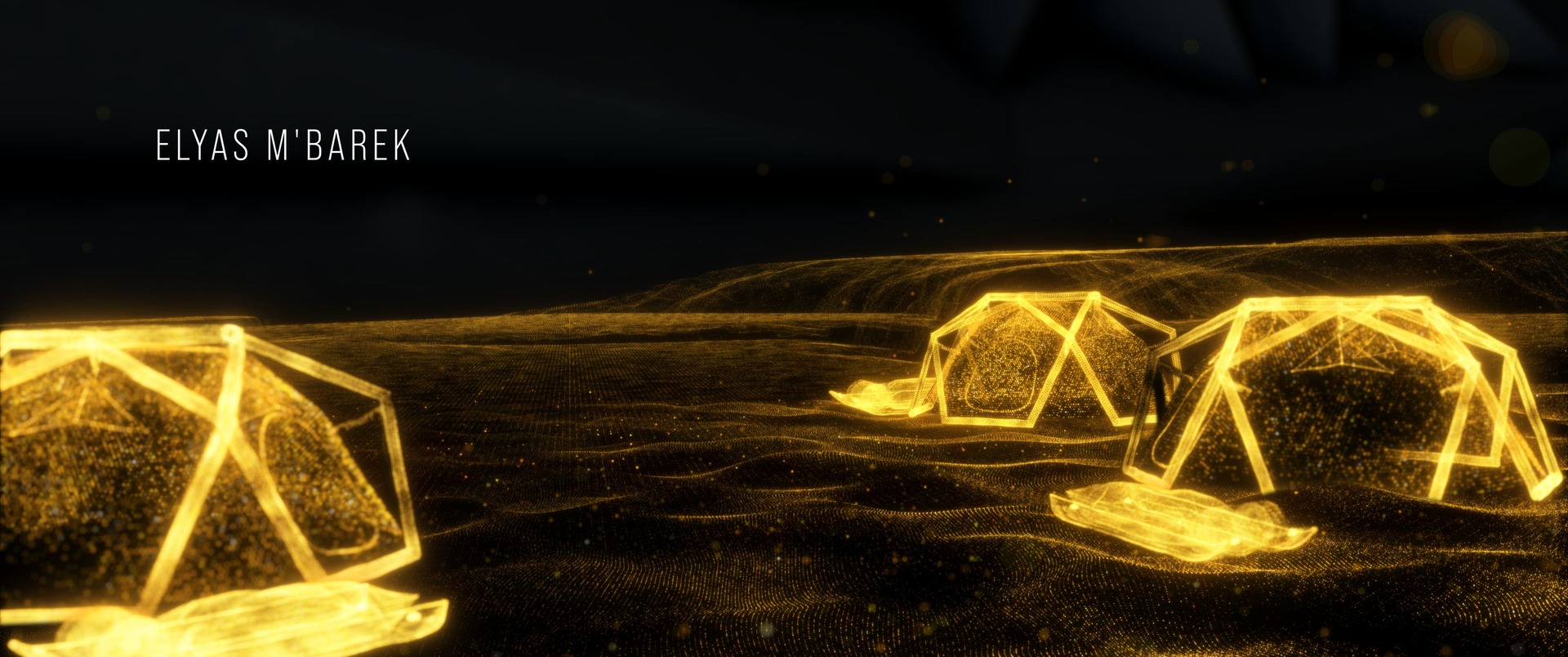 Leuchtende geometrische Formen auf einer goldenen Partikelfläche in Folge 6.