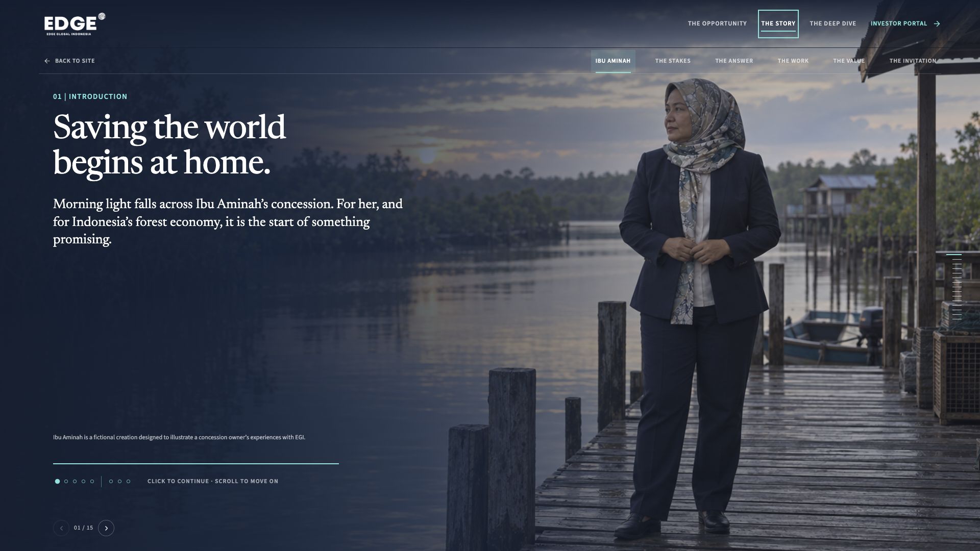 Story-Ansicht der EGI Investor Website mit der fiktiven Figur Ibu Aminah und erzählerischem Text.